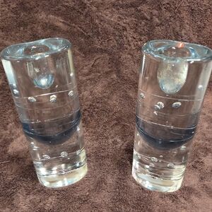 Vintage Littala Heavy Oval Glass Candle Holder Made in Finland 7 1/2" Set Of 2